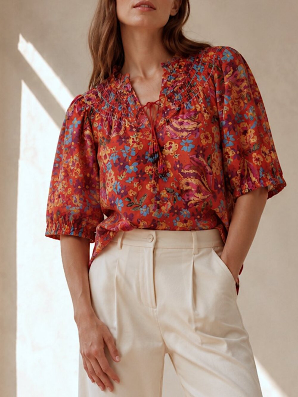 Rachel Roy Vibrant Festive Tie Neck Beaded Floral Peasant Boho Cotton Top Large